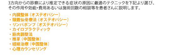 3方向からの診察により推定できる症状の原因に最適のテクニックを下記より選び、その作用や効能・費用あるいは施術回数の相談等を患者さんに説明します。　・内臓整体（オステオパシー）・頭蓋仙骨療法（オステオパシー）・リンパポンプ（オステオパシー）・カイロプラクティック・筋肉調整法・推拿（中国整体）・経絡治療（中国整体）・心理カウンセリング